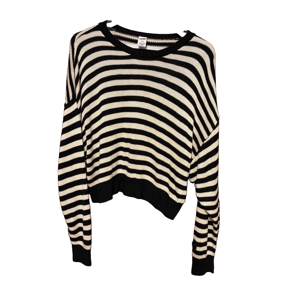 PINK Victoria’s Secret Striped Sweater Black Cream Cropped Pullover M